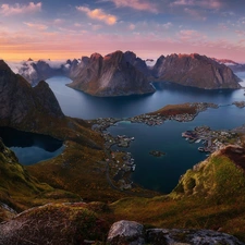 Mountains, Norway, Houses, Villages, North Sea, Lofoten