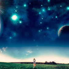 walking, girl, star, Planets, Sky