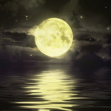 moon, clouds, water, star