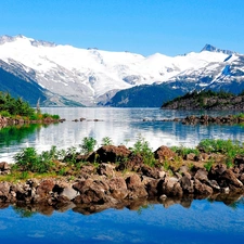 water, Stones, trees, viewes, Mountains