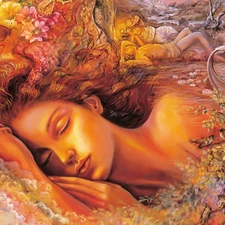 Flowers, girl, viewes, water, the sleeping, trees, Josephine Wall