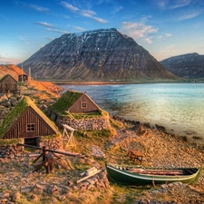 Valley, Houses, water, Boat