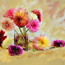 dahlias, picture, watercolor, Flowers