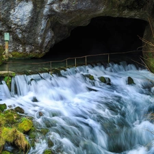 rocks, cave, waterfall, River