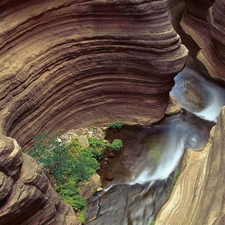 waterfall, canyon, trees