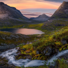 Mountains, Romsdalen Valley, waterfall, VEGETATION, lake, Norway