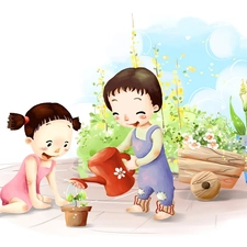 Watering, Kids, garden