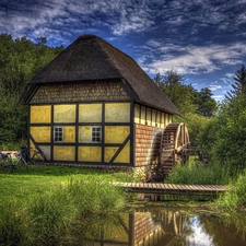 Watermill, Bikes, stream, footbridge, forest