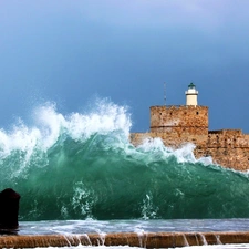 Lighthouse, sea, Waves, maritime