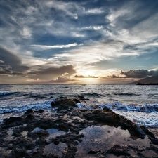 rocks, clouds, Waves, sea