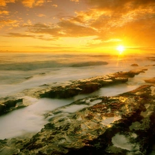 Waves, rocks, west, sun, sea