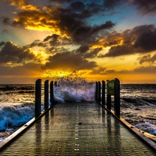 west, pier, Waves, clouds, sea