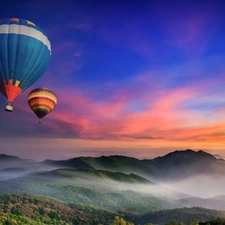 west, sun, Mountains, Sky, Balloons