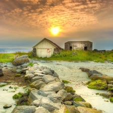 Stones, Coast, west, sun, clouds, Sheds