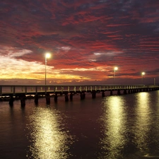 lanterns, lake, west, sun, clouds, Platform