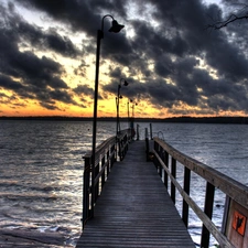 dark, sea, west, sun, clouds, pier