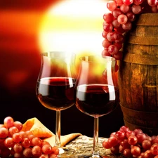 barrel, Wine, west, sun, grape, glasses