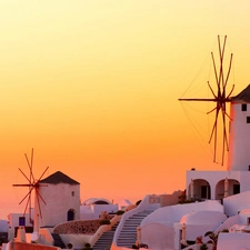santorini, Windmills, west, sun, Greece, Houses