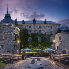 Moat, Castle, west, sun, lanterns, bridge