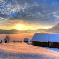 west, sun, Mountains, Houses, River