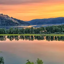 west, sun, Mountains, woods, River