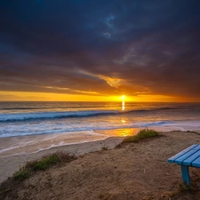 west, sun, Beaches, Bench, sea