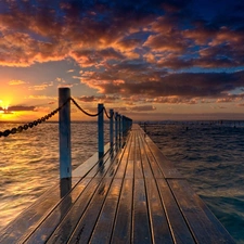 west, sun, Platform, clouds, sea