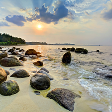 west, sun, coast, Stones, sea