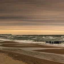 west, sun, Beaches, Waves, sea