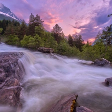 west, sun, rocks, Mountains, waterfall