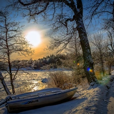 Way, woods, sun, Lodz, River, west, winter