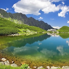 White, clouds, lake, Stones, Mountains