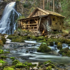 Windmill, forest, River, Stones, waterfall