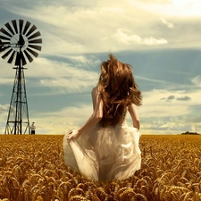 girl, wheat, Windmill, Hair