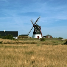 viewes, Meadow, Windmill, Sky, buildings, trees