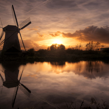 west, lake, Windmill, sun