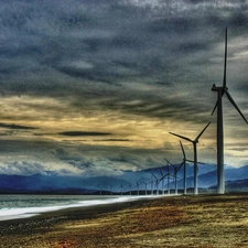 clouds, sea, Windmills, Mountains