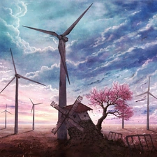 Windmills, clouds, Field