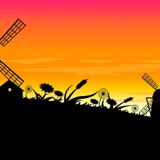 Windmills, west, sun