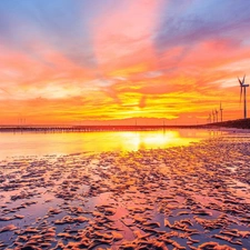 west, water, Windmills, sun