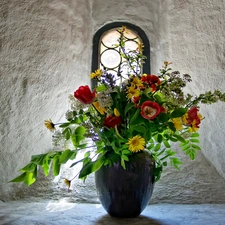 pitcher, flowers, Window, bouquet