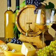 Wine, Grapes, Bottles, glasses, barrel