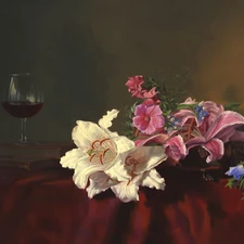 bouquet, wine glass, Wines, flowers