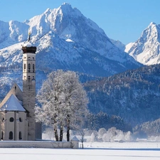 church, woods, winter, Mountains