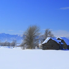 field, Mountains, winter, Houses