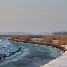 River, snow, winter, grass