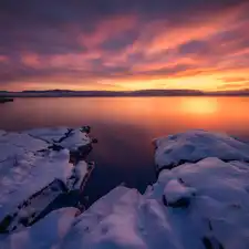 winter, Lake Tyrifjorden, clouds, Stones, Norway, snow, Great Sunsets