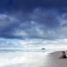 Women, Hat, sea, clouds, Beaches