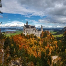 rocks, Bavaria, trees, Neuschwanstein Castle, Germany, woods, viewes