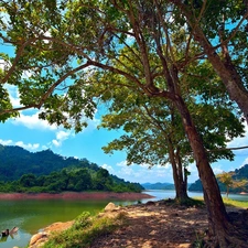 woods, clouds, Island, Mountains, lake